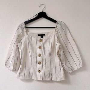 Linen cream and black embroidered striped top